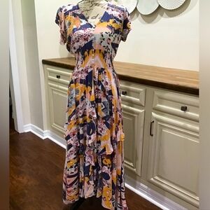 Jaase Maxi Dress in Blue, Yellow & Pink Floral Stripe Print